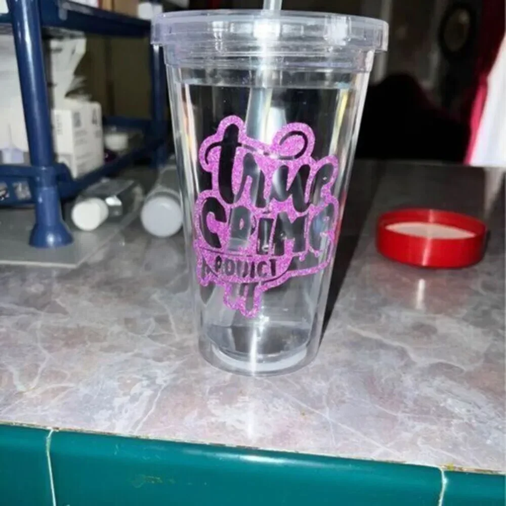 True Crime Addict 16oz Purple Glitter Clear Tumbler